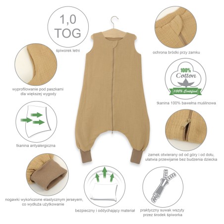 Muslin beebi magamiskott jalgadega L 9-24 kuud suveks TOG 1.0 - kaamel