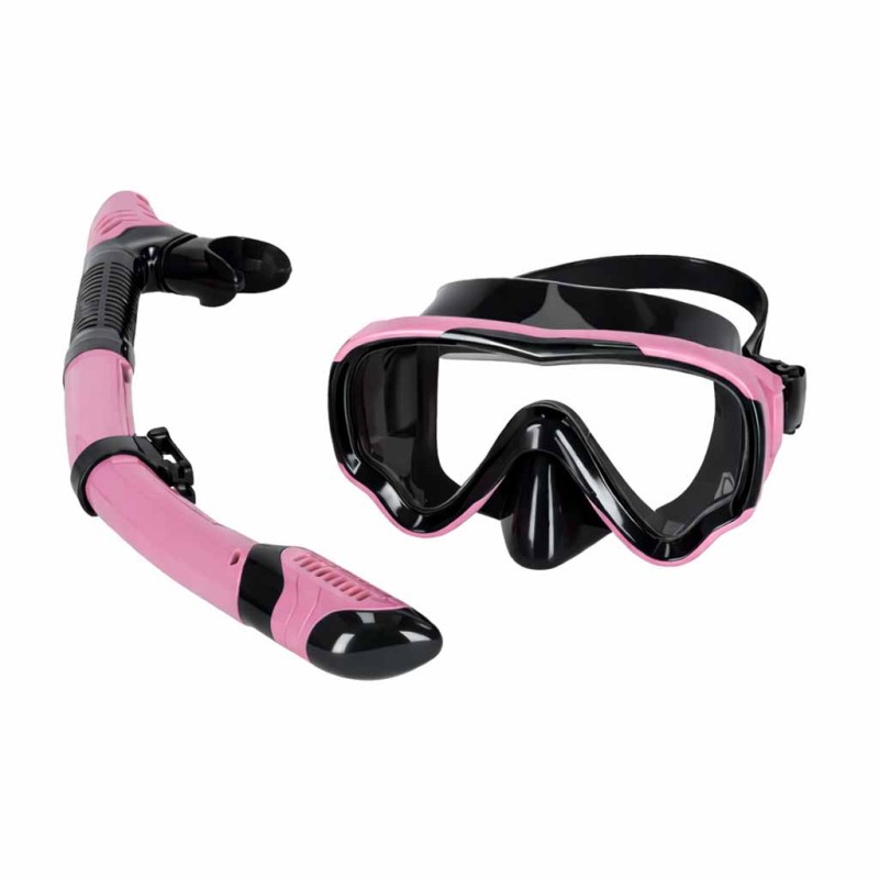 Snorgeldamismask, prillid, snorkel, roosa ja must komplekt