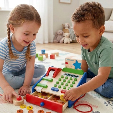 Puidust kassaaparaat koos Montessori skanneri tarvikutega