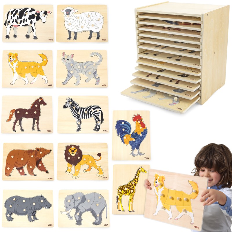 Puidust pusle komplekt, 12 Montessori puslet, loomamõistatust + alus