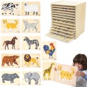 Puidust pusle komplekt, 12 Montessori puslet, loomamõistatust + alus