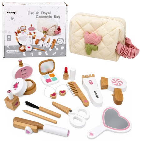 Puidust laste ilukomplekt Makeup Kosmeetikakott Aksessuaarid 16 tk.