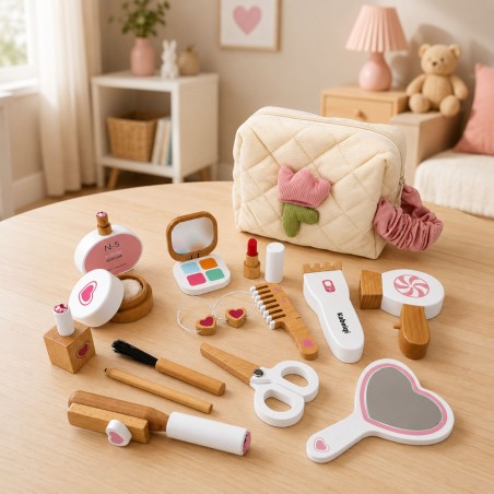 Puidust laste ilukomplekt Makeup Kosmeetikakott Aksessuaarid 16 tk.