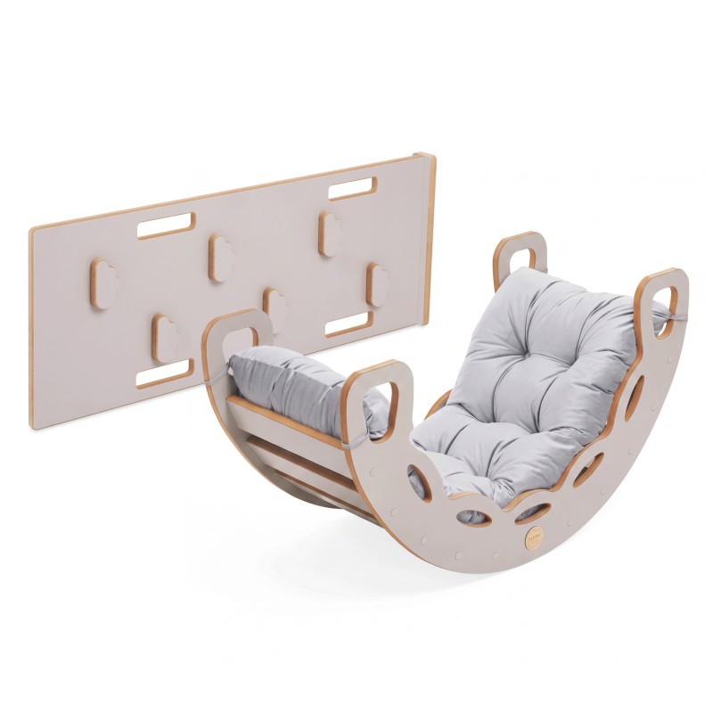 Väike kii 4-in-1 Baby Rocker + ronimissein/liumägi + padi (hall samet), kašmiir puit