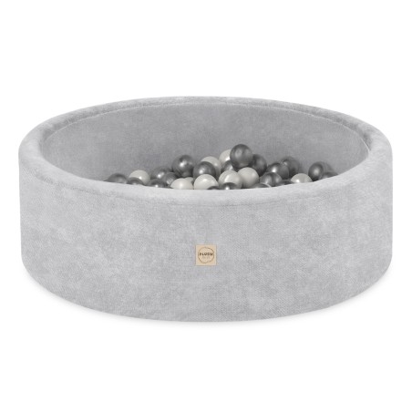 PLUSH NEST 90x30 ümmargune pallidega lastepallimeri (200 palli: pärl, hõbe), hall, premium šenill