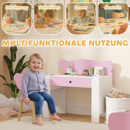 Roosa laste lauakomplekt tooli ja sahtliga