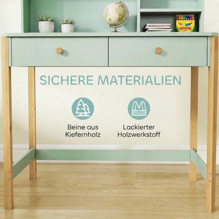 Roheline laste kirjutuslaud sahtlite ja riiuliga