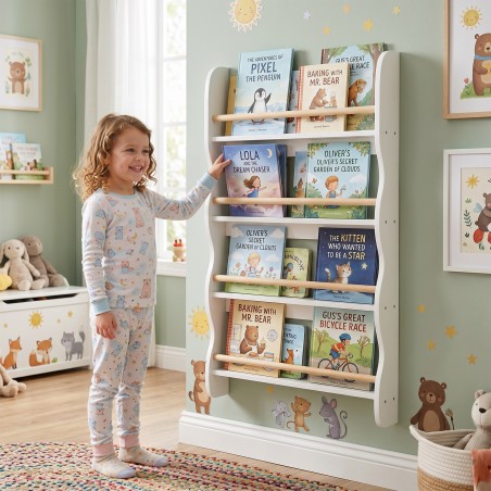Montessori laste seinariiul 4 riiuliga ja ümberminekukaitsega, 60 × 10 × 98 cm, valge