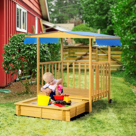 Naturaalne liivakast mängumajaga, sinine varikatusega