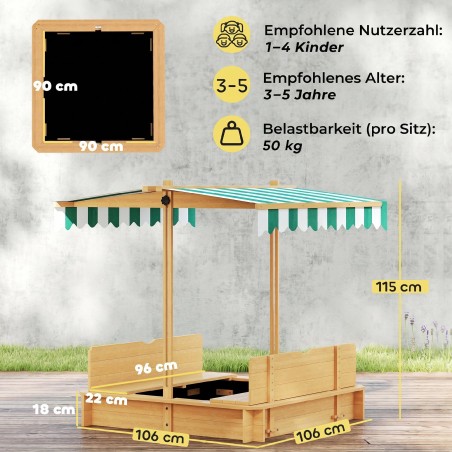 Puidust laste liivakast 106 × 106 cm katte ja pinkidega