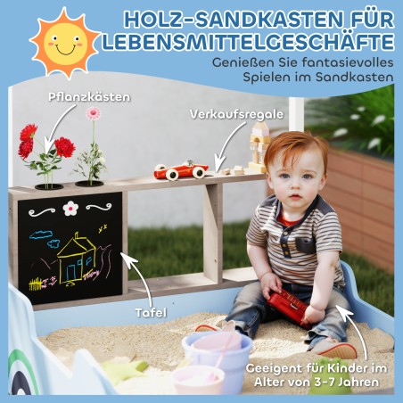 Sinine puidust liivakast varikatuse ja joonistustahvliga