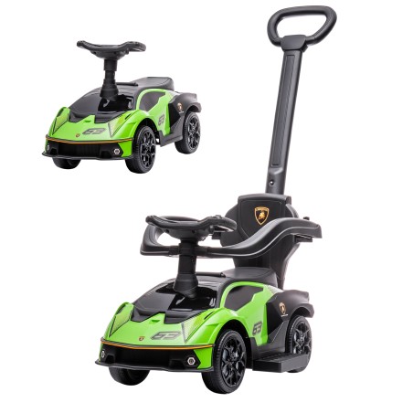 Roheline 2-in-1 laste tõukeauto lükkesangaga