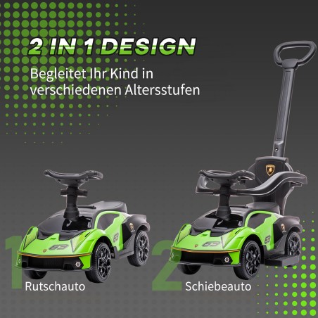 Roheline 2-in-1 laste tõukeauto lükkesangaga