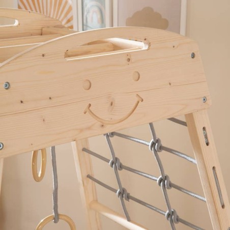Mängutorn puidust kiigega, võimlemisrõngad, naturaalne hall