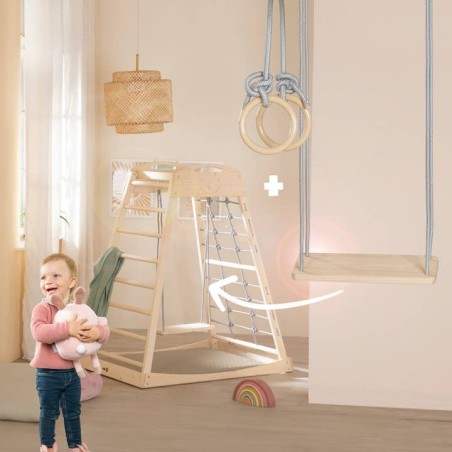 Mängutorn puidust kiigega, võimlemisrõngad, naturaalne hall