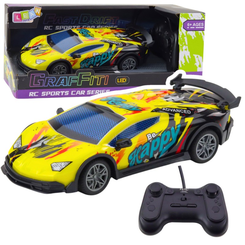 Kollane kaugjuhitav sportauto LED-tuledega 1:22