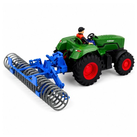 Roheline kaugjuhitav traktor põllurulli ja põllumehega 1:24