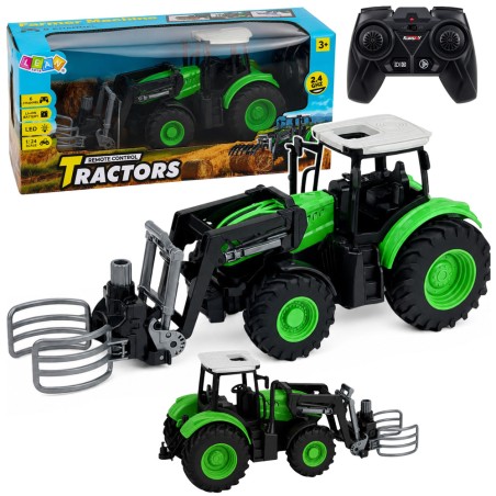 Roheline RC-traktor pallihaaratsi ja LED-tuledega 1:24