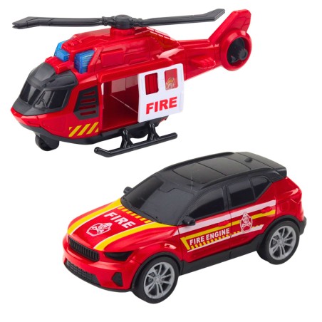 Punane puksiirauto tuletõrjeauto ja helikopteriga