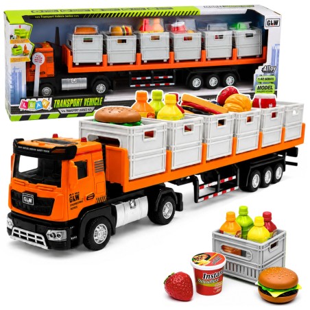Oranž toiduveoauto 1:40 haagise ja mängutoitudega