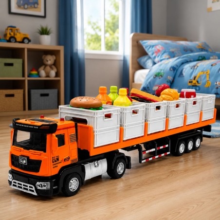 Oranž toiduveoauto 1:40 haagise ja mängutoitudega