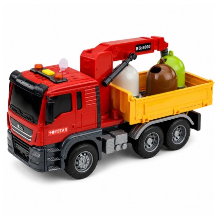 Punane kraanaga prügiauto sorteerimiskonteineritega