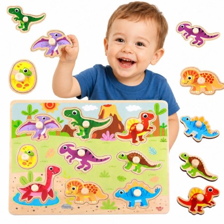 Puidust Montessori nuppudega pusle Dinosauruste kujuga pusle