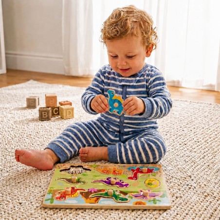 Puidust Montessori nuppudega pusle Dinosauruste kujuga pusle