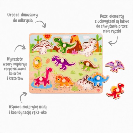 Puidust Montessori nuppudega pusle Dinosauruste kujuga pusle