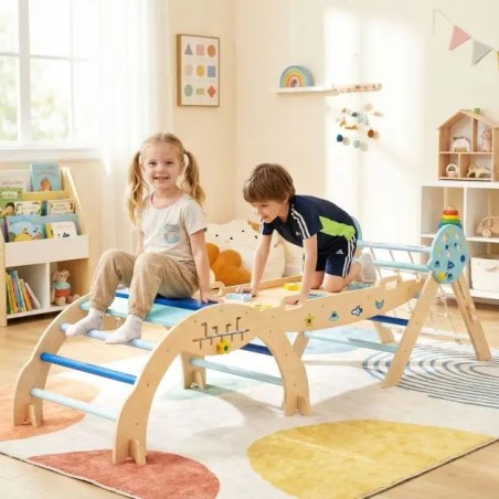 Puidust kokkupandav kolmnurkne ronimiskomplekt kaare, kaldtee ja ronimisvahendiga, Montessori, sinine
