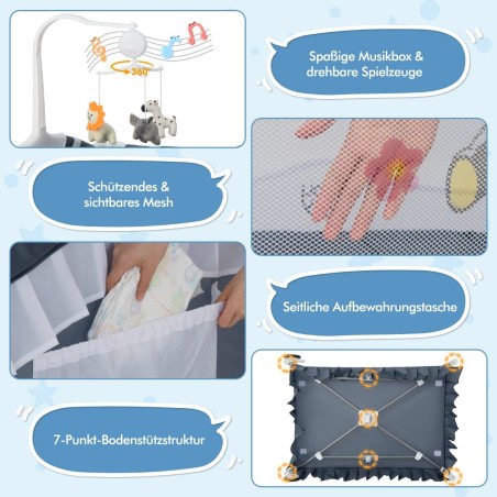 4-ühes beebivoodi eemaldatava varikatusega, reisivoodi madratsiga, külgvoodi ratastega, hall