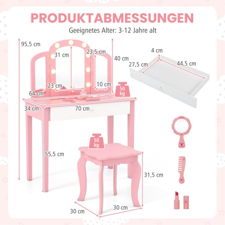 2-ühes laste tualettlauakomplekt eemaldatava peegli ja 3 heleda värviga meigilauaga, roosa