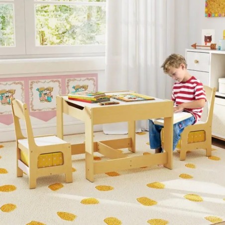 Laste laua-toolikomplekt kahepoolse lauaplaadi ja hoiukastiga - naturaalne