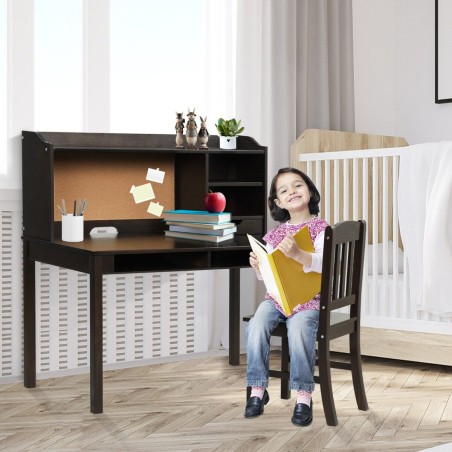 Laste kirjutuslaua ja tooli komplekt, laste kirjutuslaud tooli, sahtlite, riiulite ja kork teadetetahvel, pruun
