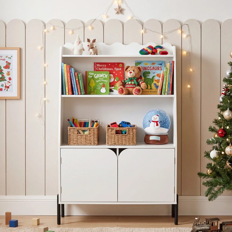Puidust Montessori-stiilis lasteriiul, 3 avatud sektsiooni ja 2 ust, 80 x 30 x 121 cm, valge