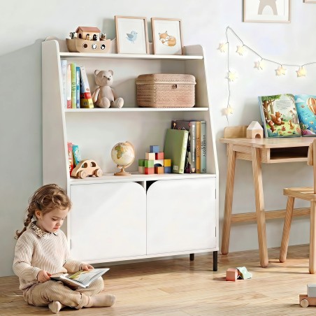 Puidust Montessori-stiilis lasteriiul, 3 avatud sektsiooni ja 2 ust, 80 x 30 x 121 cm, valge