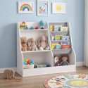 Puidust mänguasjade hoiuriiul lastele, 80 cm, 3 tekstiiltaskuga, ümberkukkumisvastane kinnitus, valge