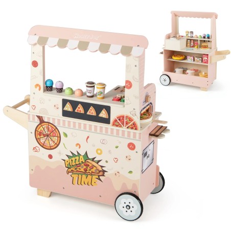 Roosa puidust pitsa- ja suupisteauto (mängukäru) koos ahjuga