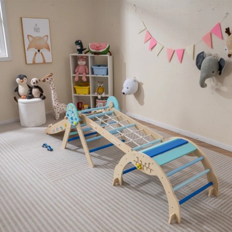 8-ühes kokkupandav beebi ronimisraam, puidust Montessori astronautiteemaline ronimiskomplekt, Jungle Gym, sinine