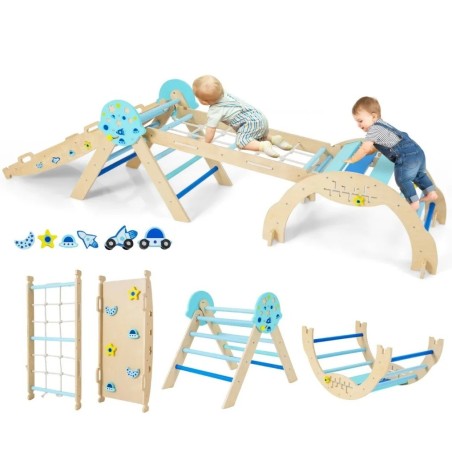 8-ühes kokkupandav beebi ronimisraam, puidust Montessori astronautiteemaline ronimiskomplekt, Jungle Gym, sinine