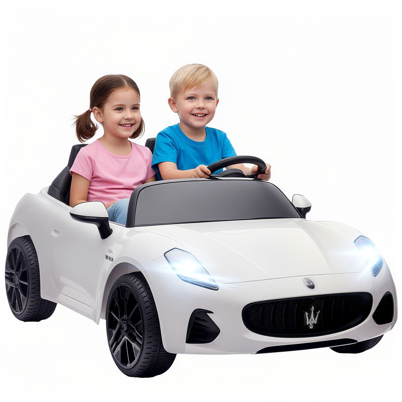 Valge Maserati elektriauto lastele, 2-kohaline, 12 V, puldi ja LED-tuledega