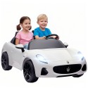 Valge Maserati elektriauto lastele, 2-kohaline, 12 V, puldi ja LED-tuledega