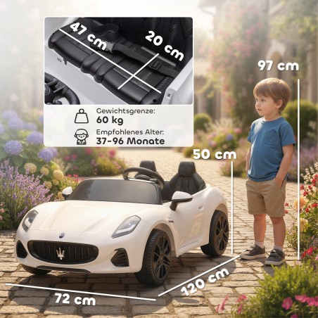 Valge Maserati elektriauto lastele, 2-kohaline, 12 V, puldi ja LED-tuledega
