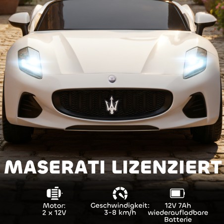 Valge Maserati elektriauto lastele, 2-kohaline, 12 V, puldi ja LED-tuledega