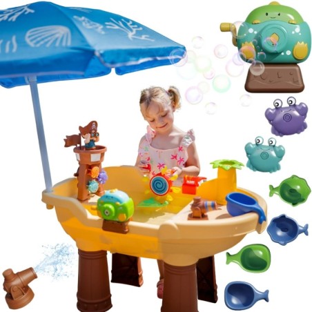 2-in-1 veelaud, piraadilaeva liivakast XL vihmavarju ja mullimasinaga