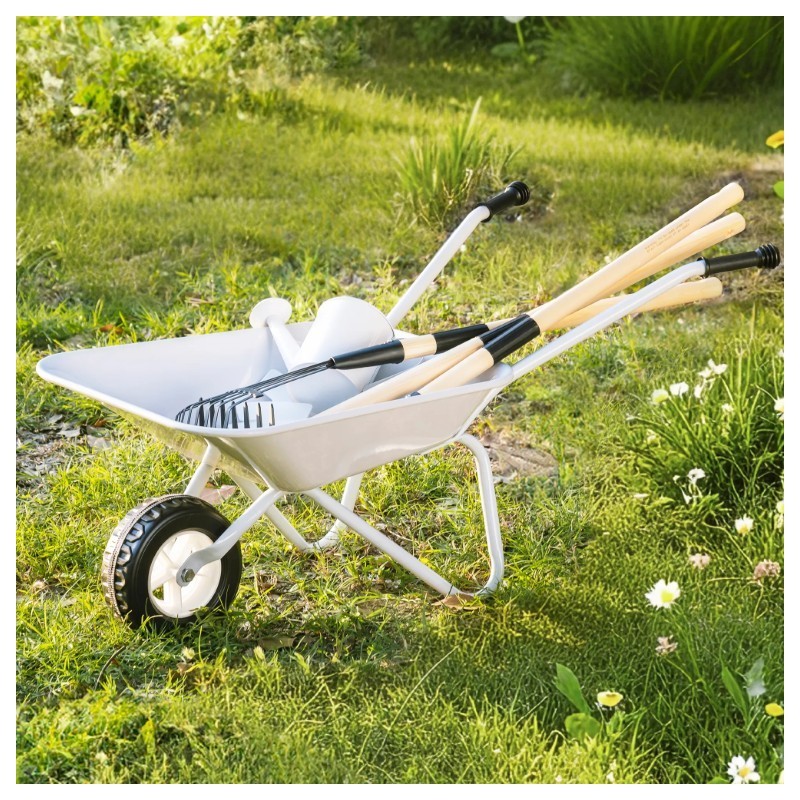 Laste aiakäru ja aiandus komplekt (rehad, labidas, kastekann ja taimesildid), hall