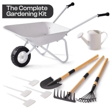 Laste aiakäru ja aiandus komplekt (rehad, labidas, kastekann ja taimesildid), hall