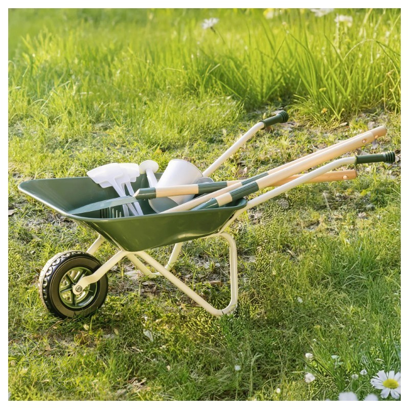 Laste aiakäru ja aiandus komplekt (rehad, labidas, kastekann ja taimesildid), roheline