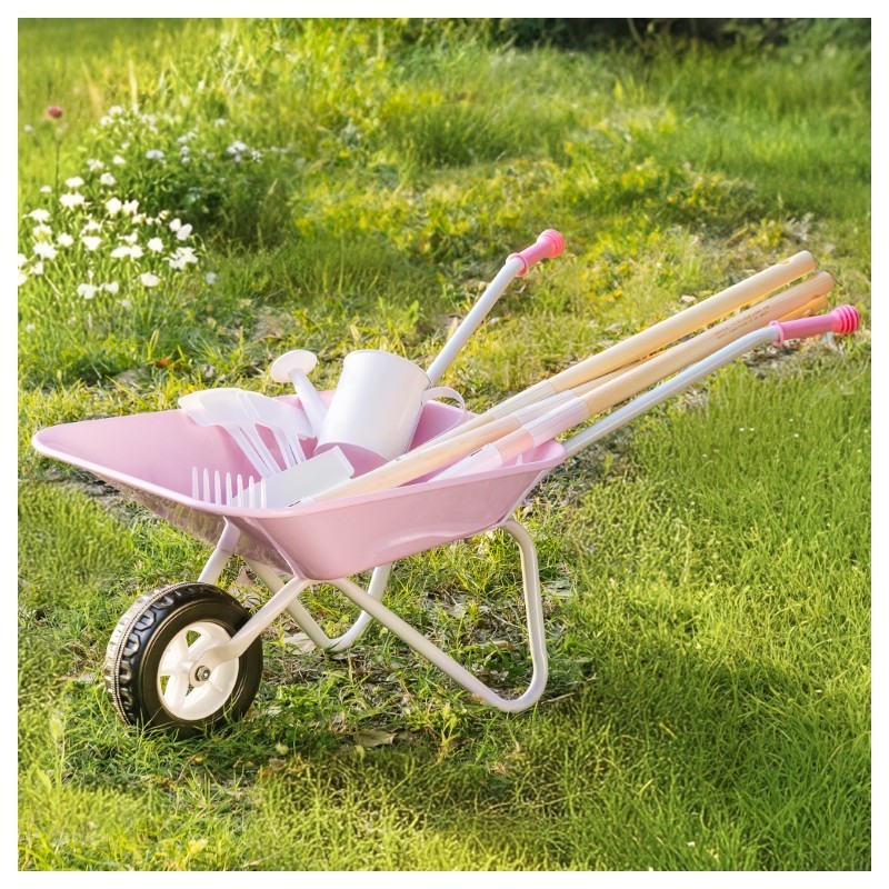 Laste aiakäru ja aiandus komplekt (rehad, labidas, kastekann ja taimesildid), roosa
