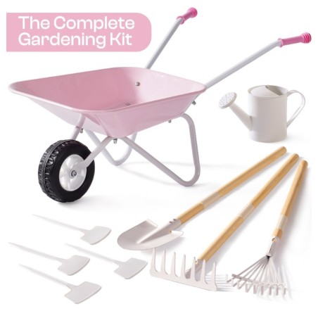 Laste aiakäru ja aiandus komplekt (rehad, labidas, kastekann ja taimesildid), roosa